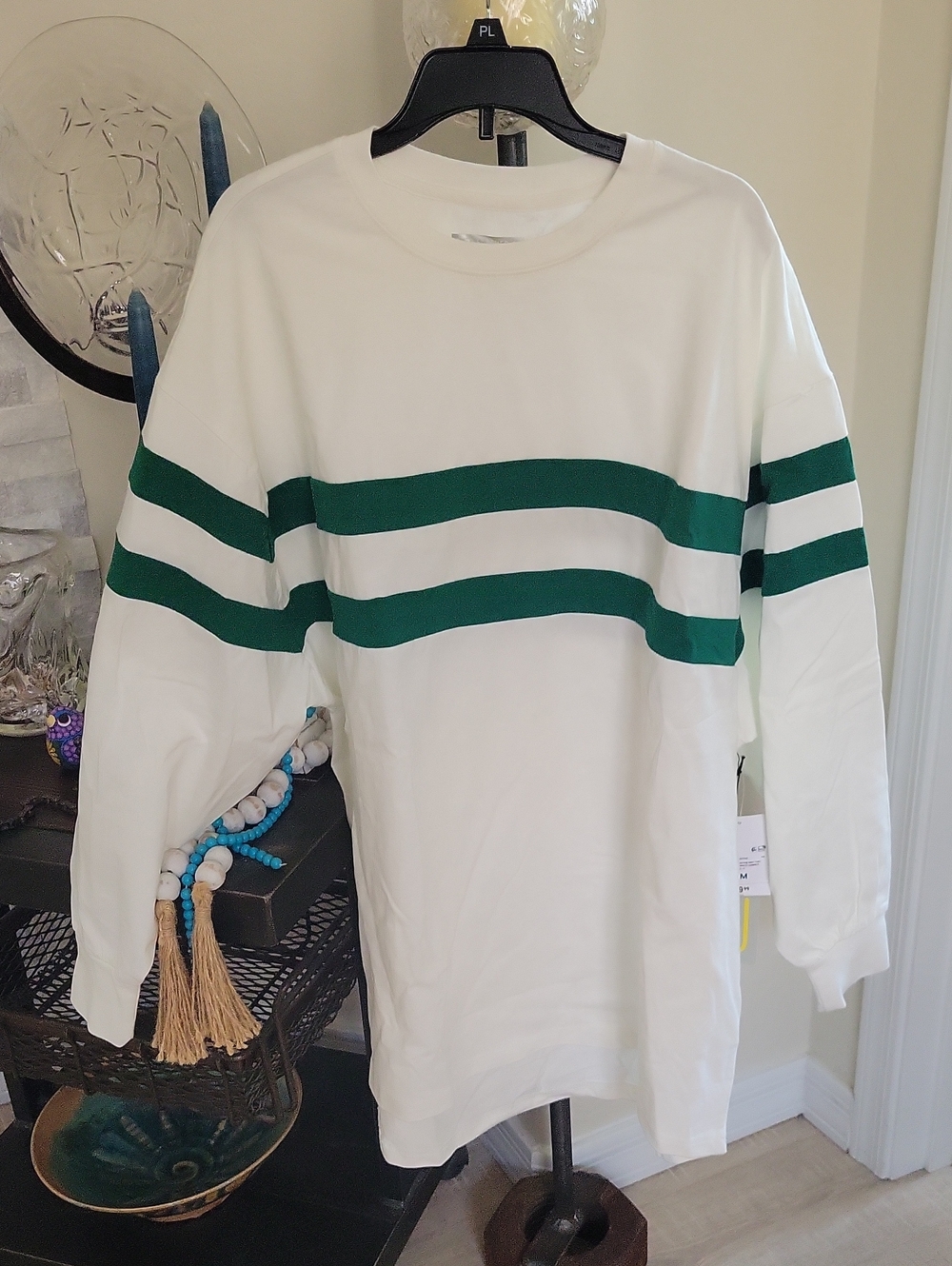 Forever 21 Cream Oversized Jersey with Green Stripes